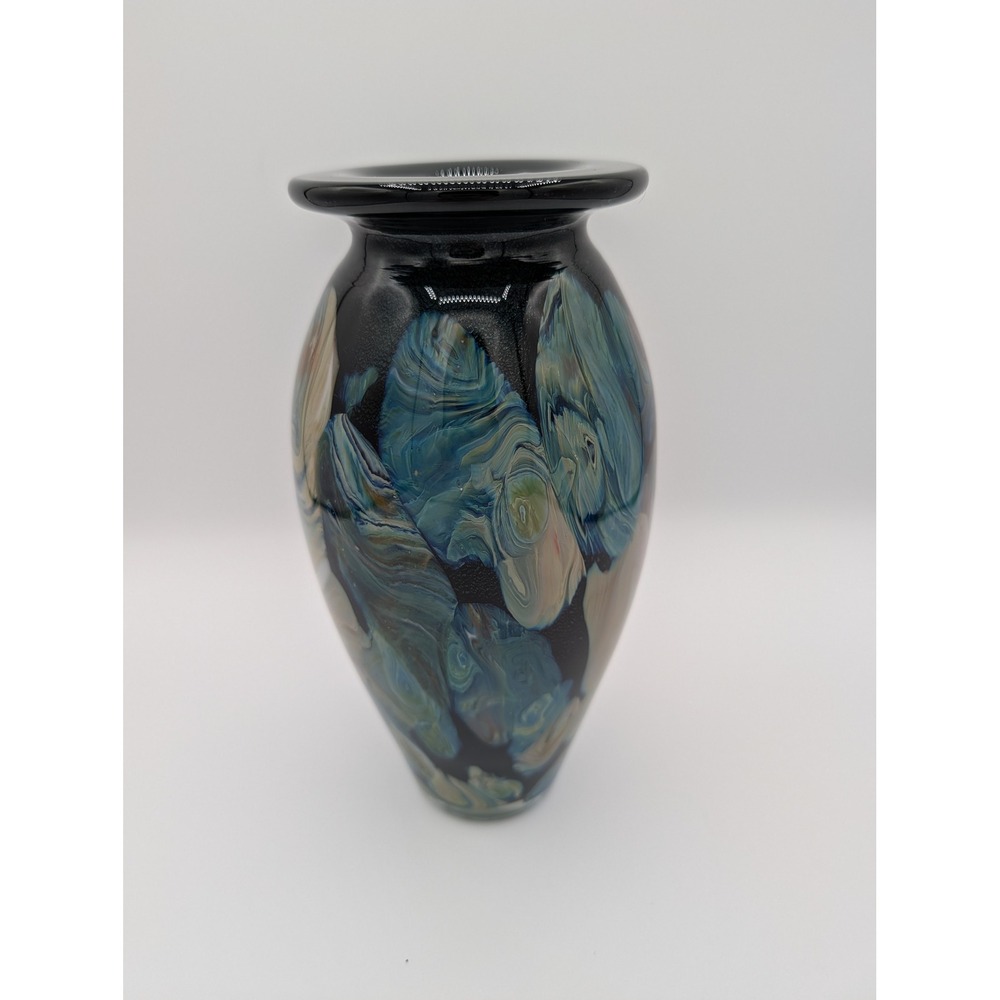 VST Michael Signed 2008 Studio Art Glass‎ Vase Swirled Blue Black Large 9"